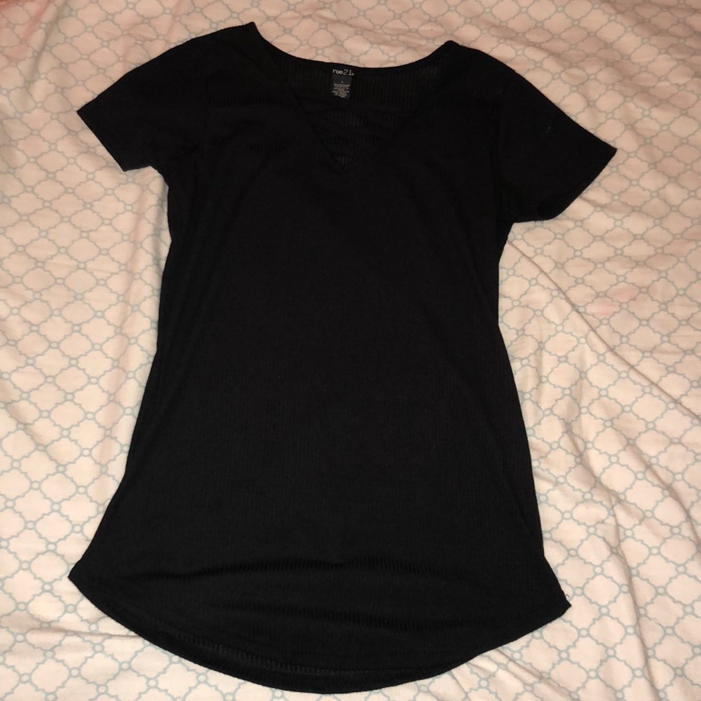 Black, cross topped shirt.